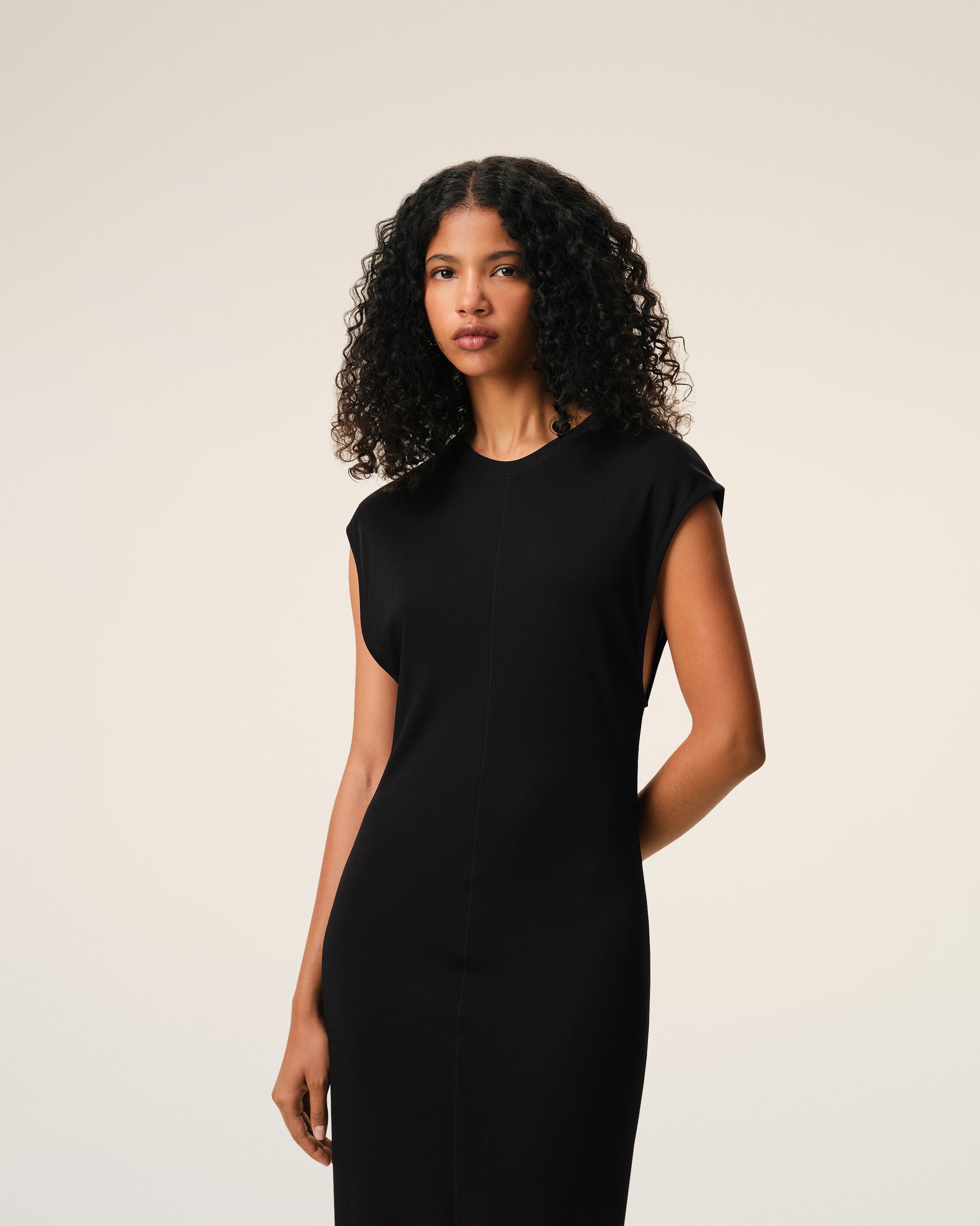 Black Jersey Sleeveless Fitted Long  Dress - 3