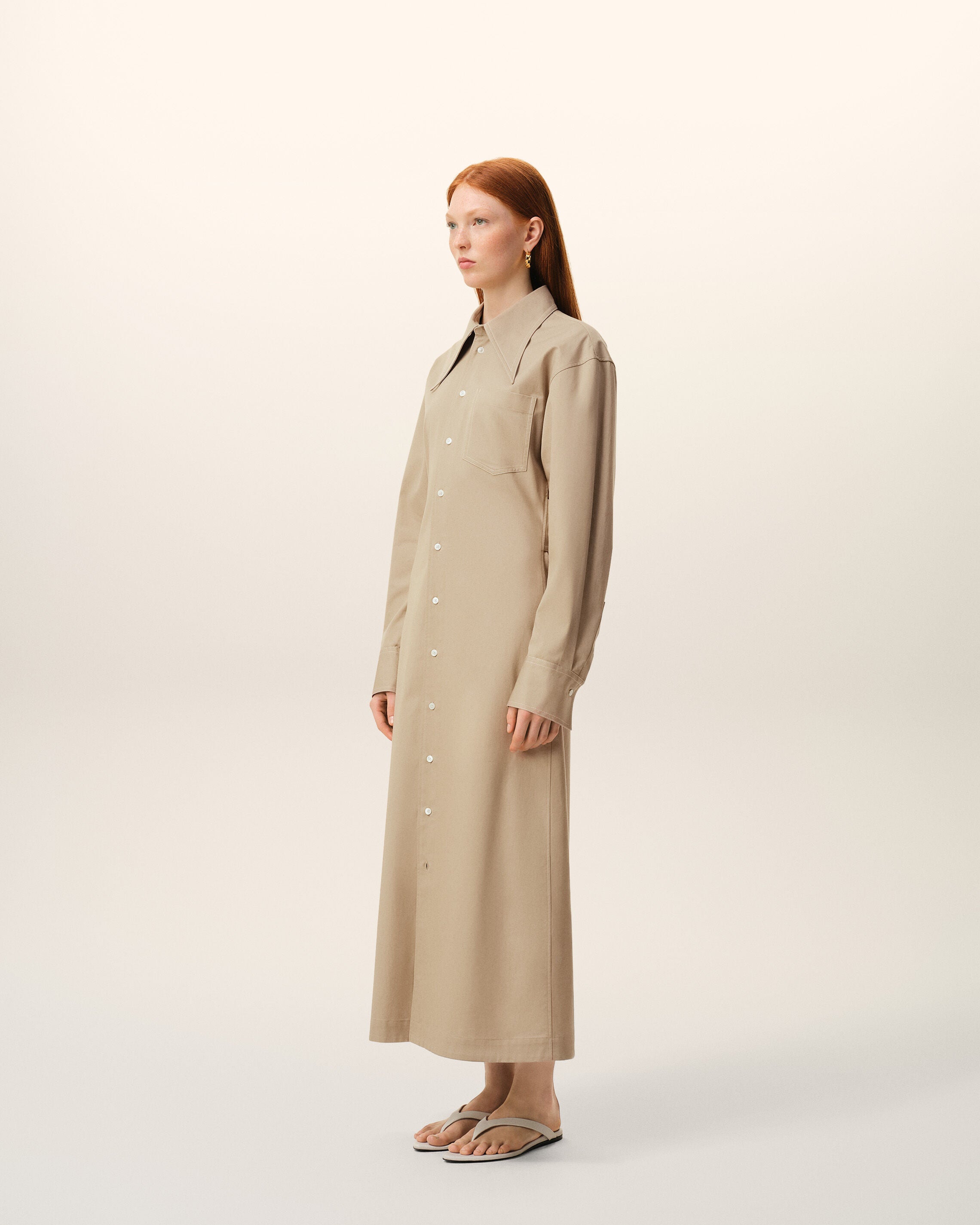 Beige Cotton Fitted Shirt Dress - 6