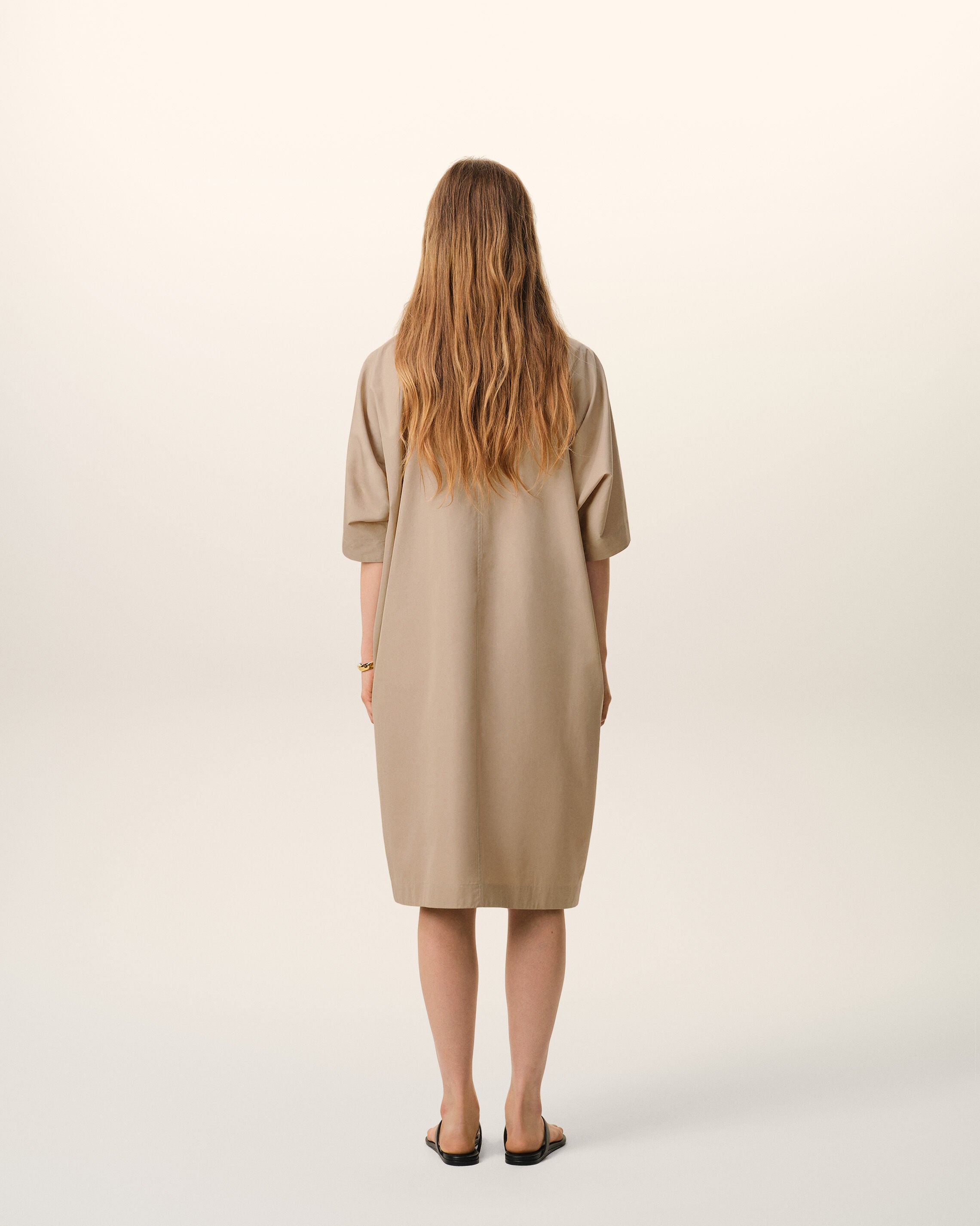 Beige Cotton Stand Up Collar Buttoned Dress - 5