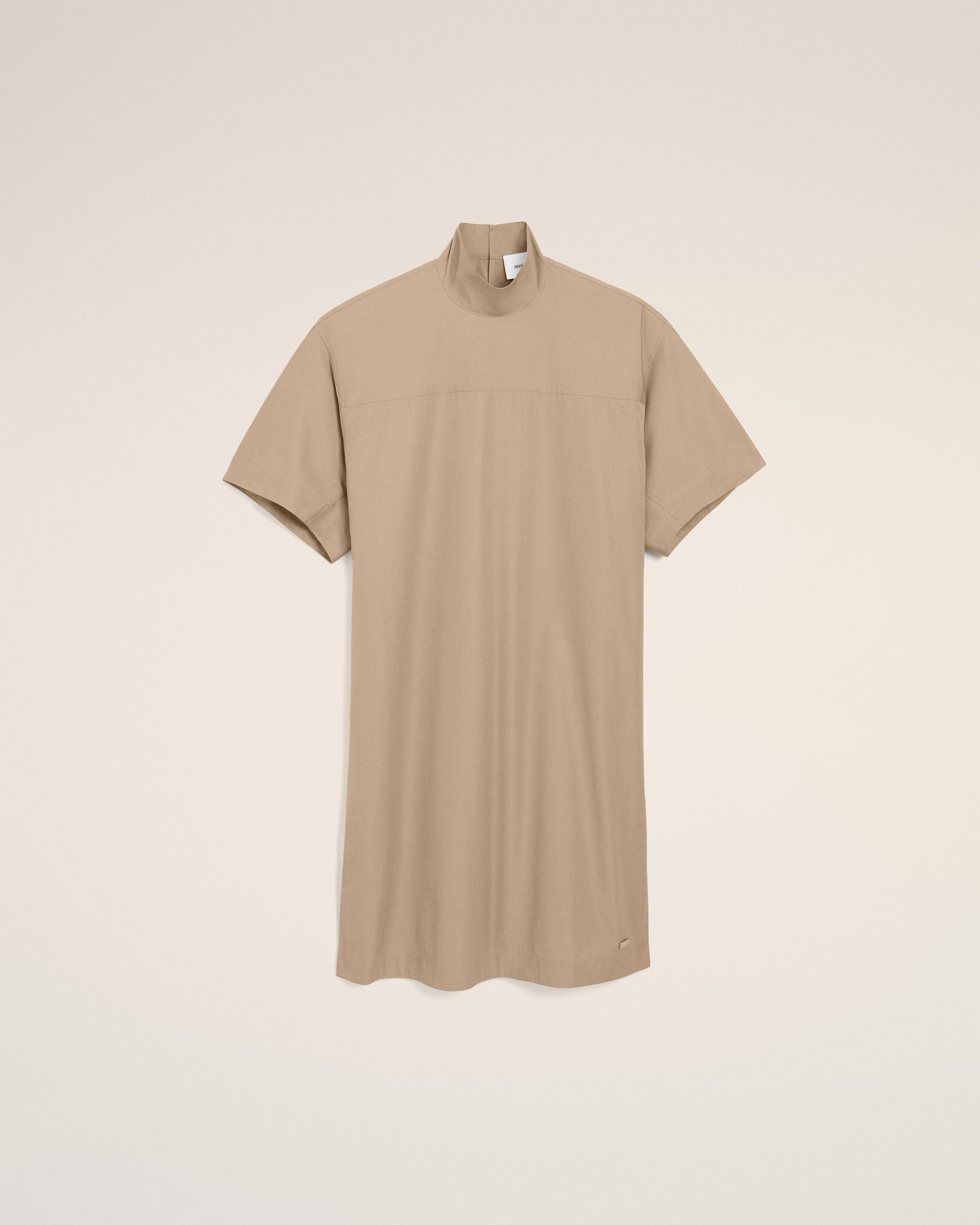 Beige Cotton Stand Up Collar Buttoned Dress - 1