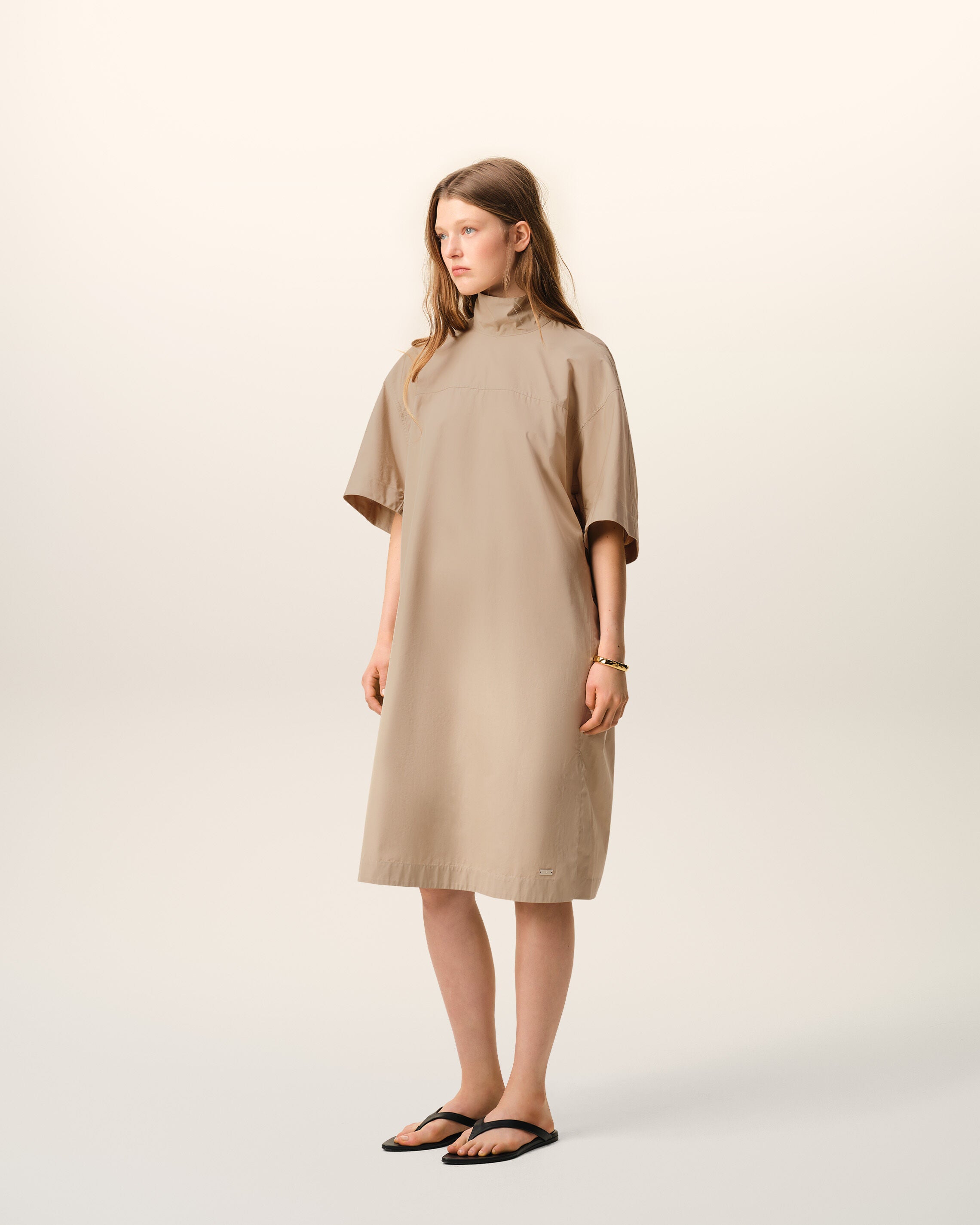 Beige Cotton Stand Up Collar Buttoned Dress - 6