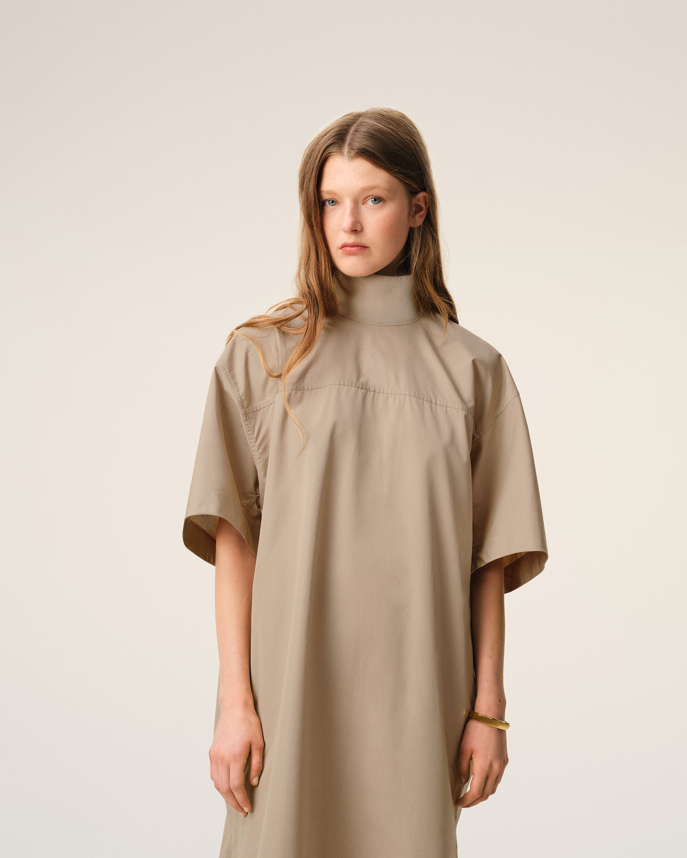 Beige Cotton Stand Up Collar Buttoned Dress - 3