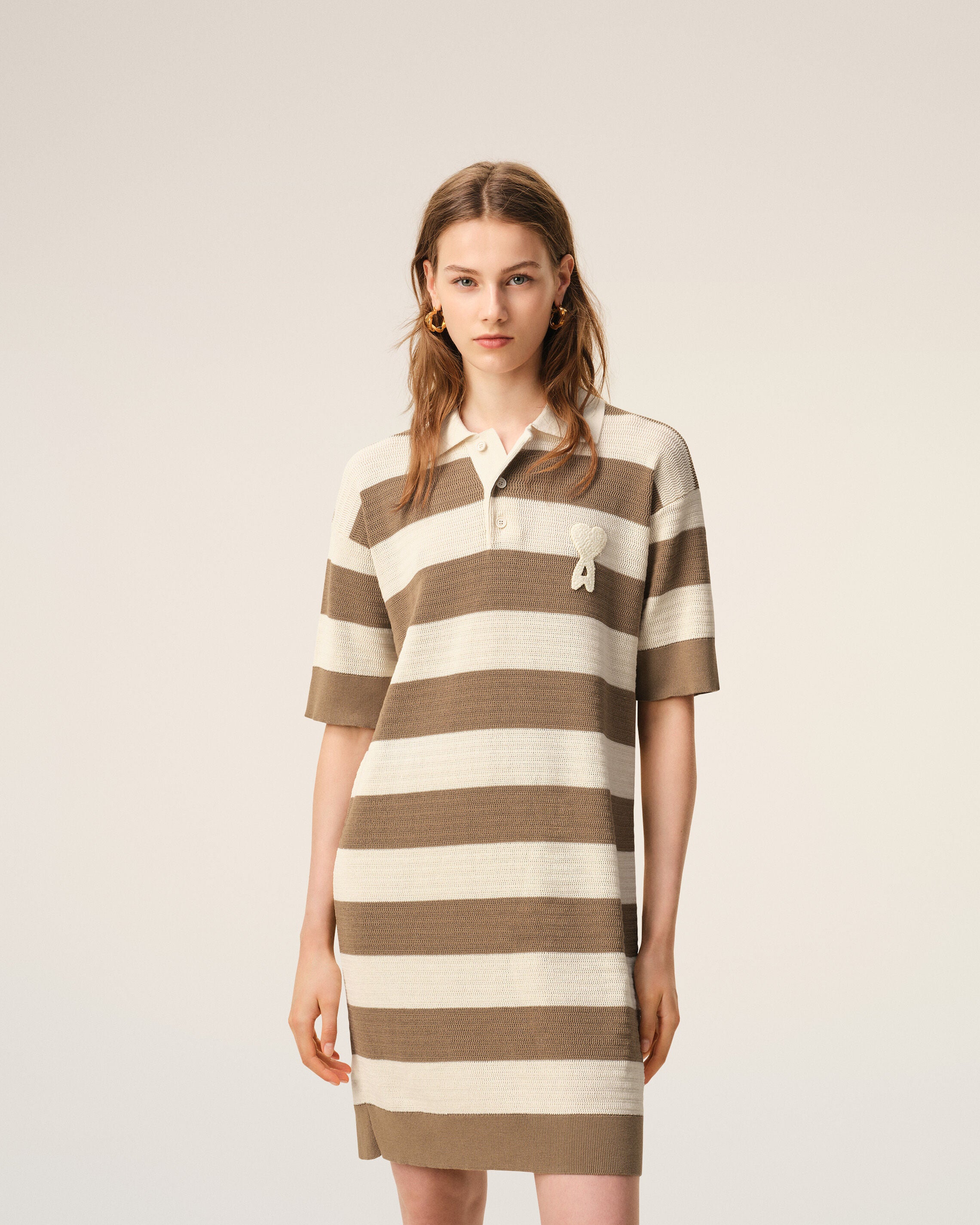 White And Brown Cotton Polo Dress Ami De Coeur Patch - 3