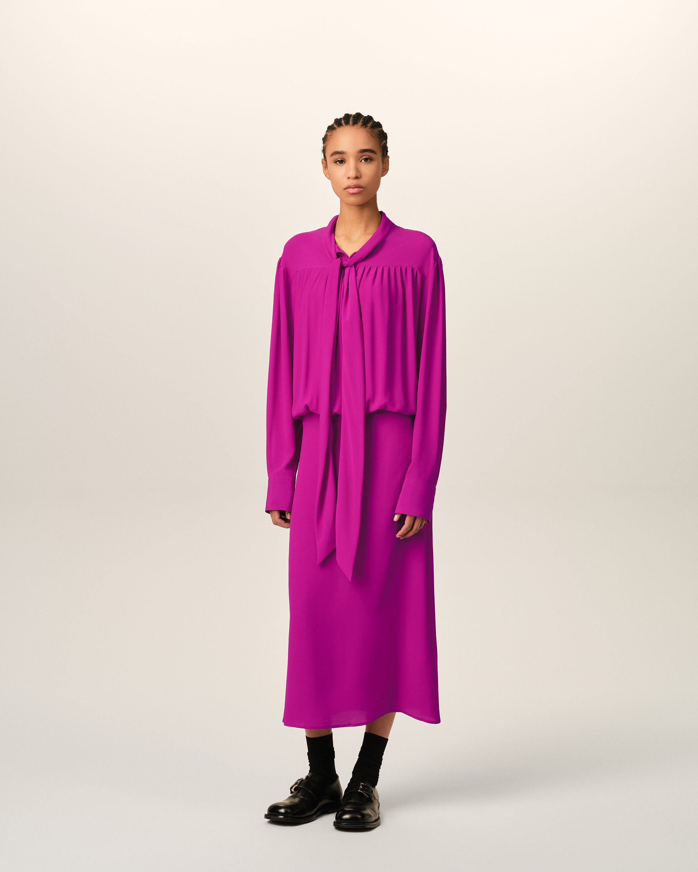 Purple midi lavalliere silk-blend dress - 2