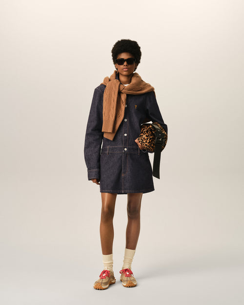 Blue cotton denim shirt dress with Ami de Coeur - Woman - 2 - AMI Paris - Ami Paris