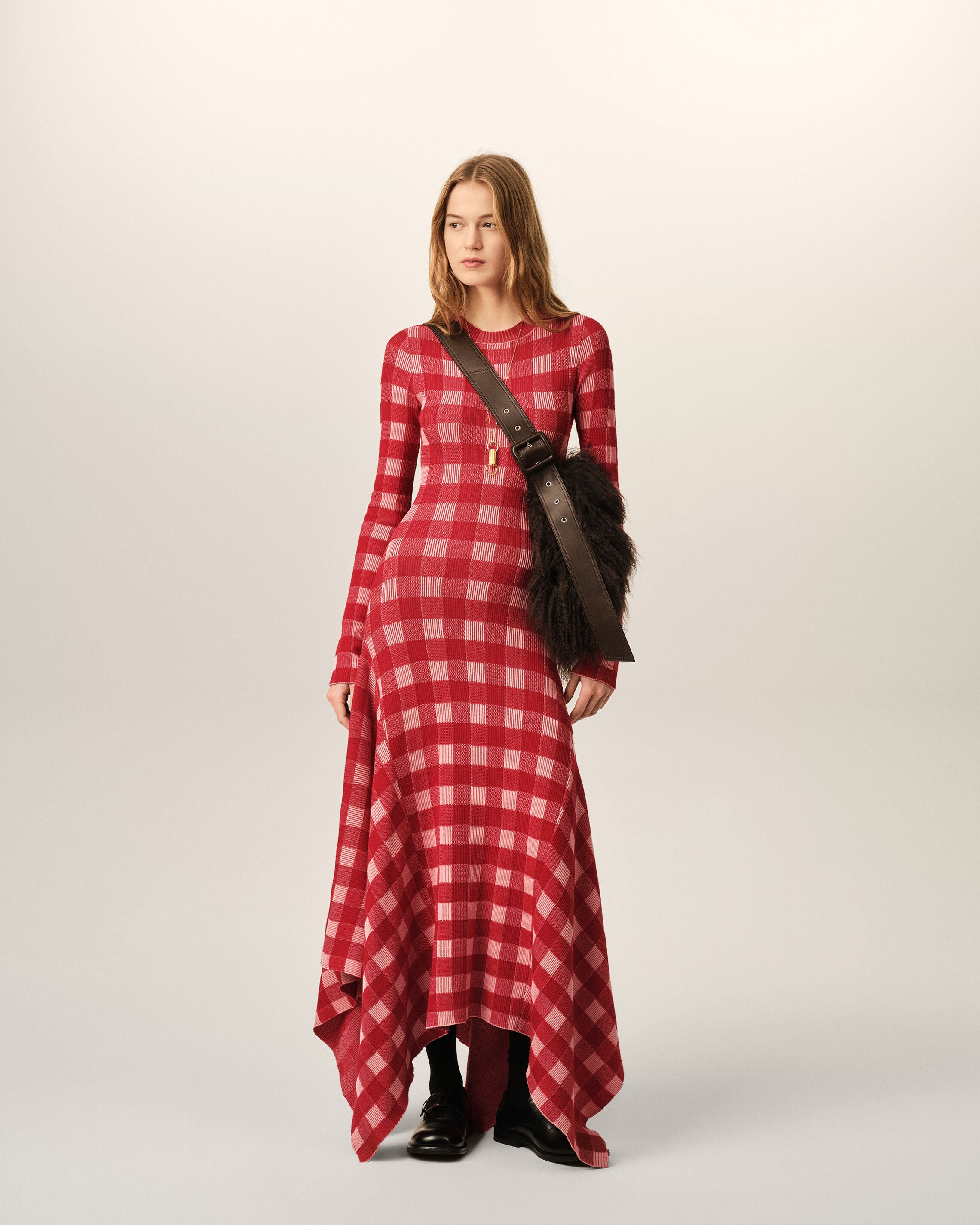 Robe longue à godets à carreaux rose en laine et coton - 2