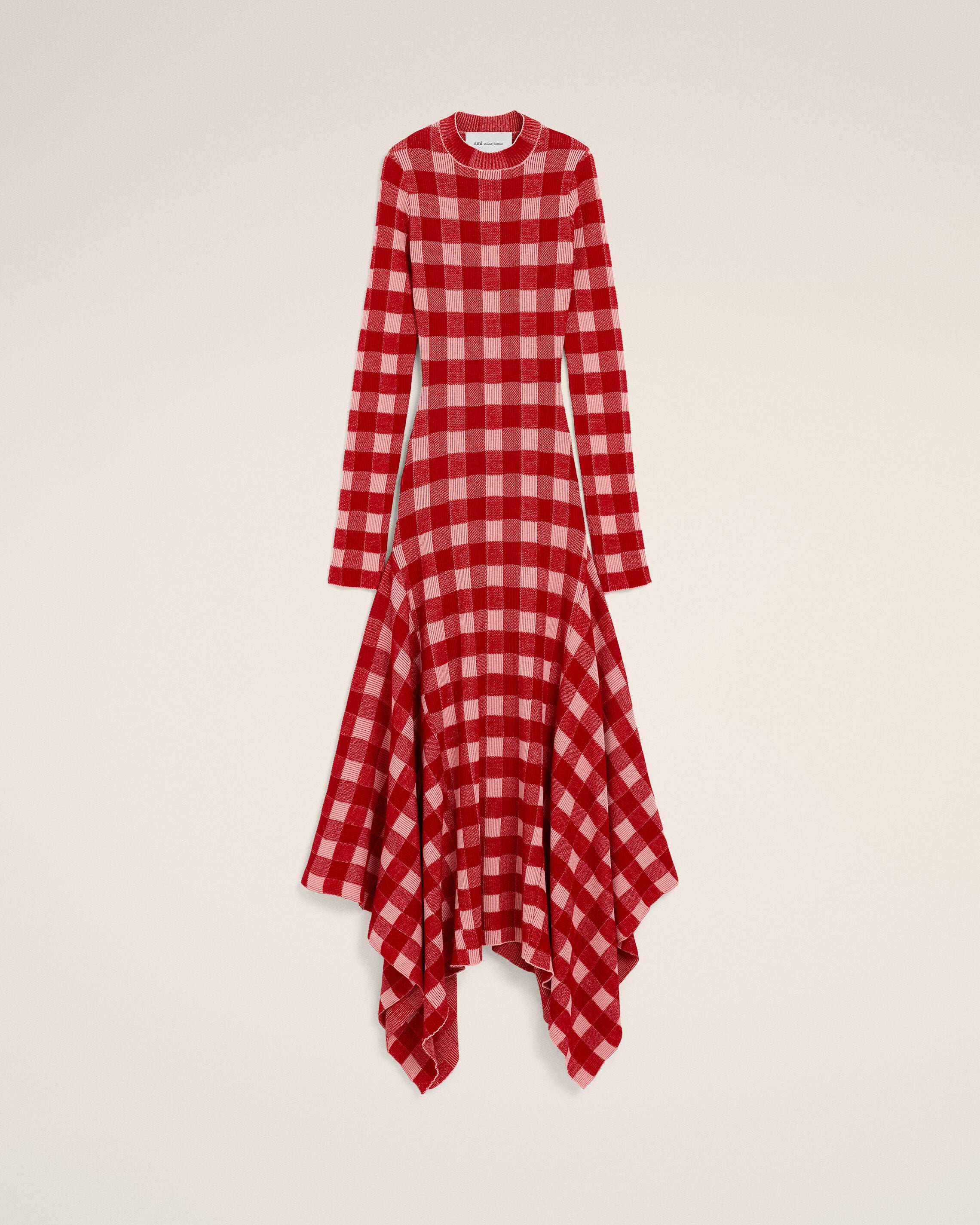 Robe longue à godets à carreaux rose en laine et coton - 1