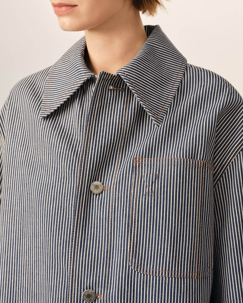 Blue striped cotton worker jacket with Ami de Coeur - Woman - 4 - AMI Paris - Ami Paris