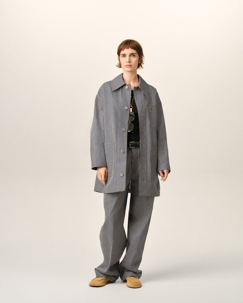 Blue striped cotton worker jacket with Ami de Coeur - Woman - 2 - AMI Paris - Ami Paris