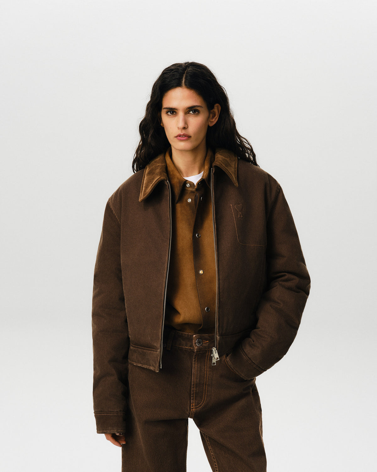 Brown cotton zipped jacket with Ami de Coeur - 3