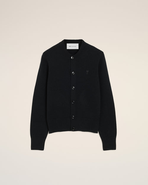 Black crewneck wool cardigan with Ami de Coeur - BLACK/BLACK - Ami Paris