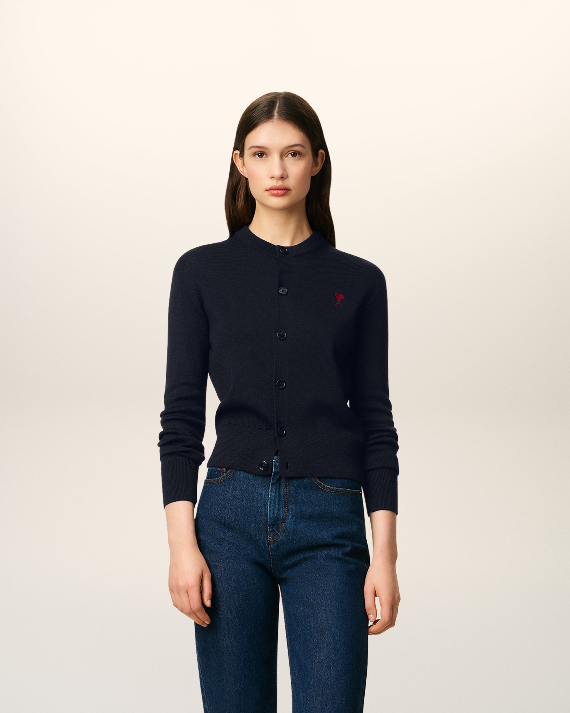 ami ネイビー カーディガン NAVY/RED Blue Wool Ami De Coeur Cardigan | AMI PARIS