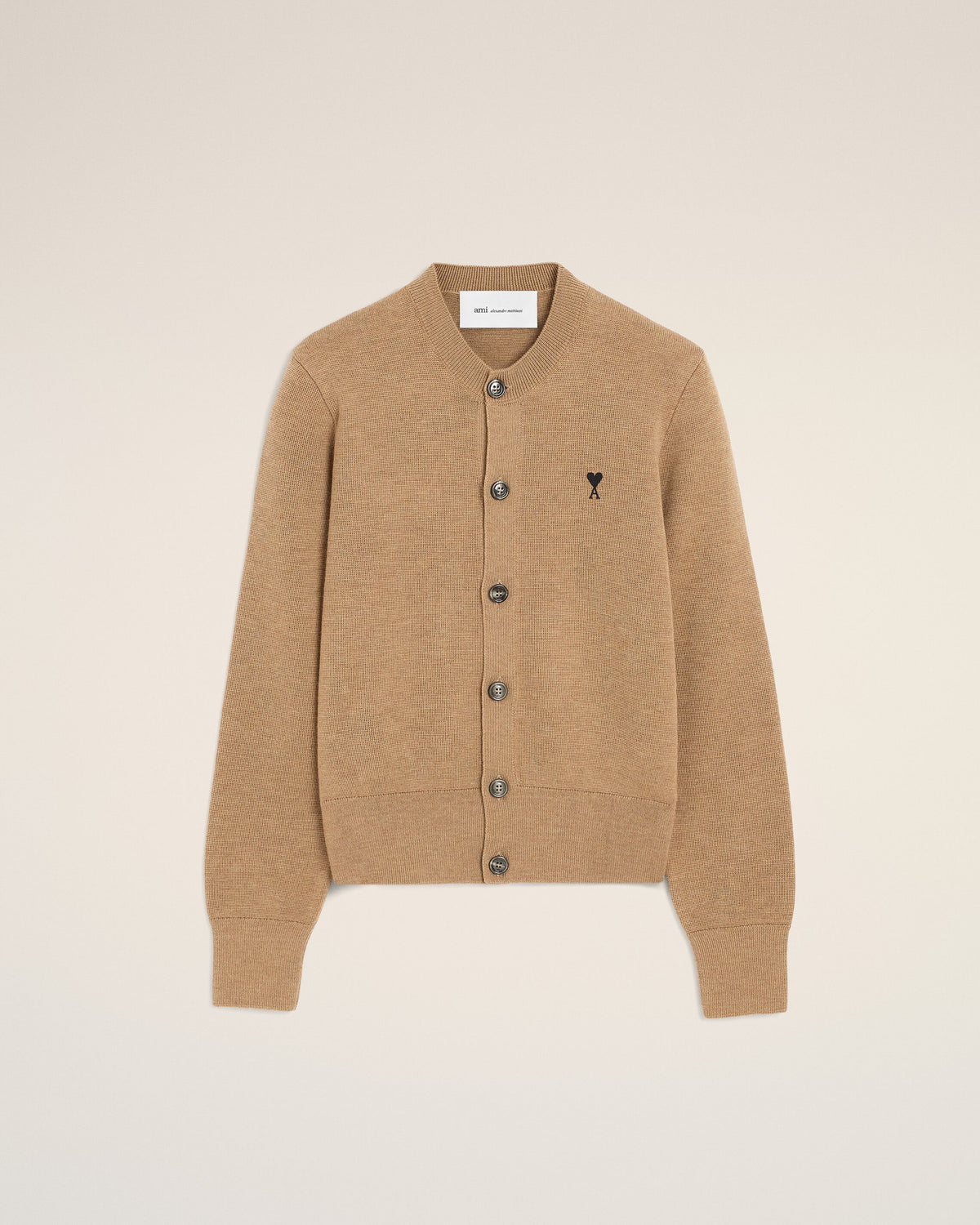 Beige crewneck wool cardigan with Ami de Coeur - 1