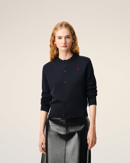 Blue wool crewneck cardigan with contrasted Ami De Coeur - 2 - Ami Paris