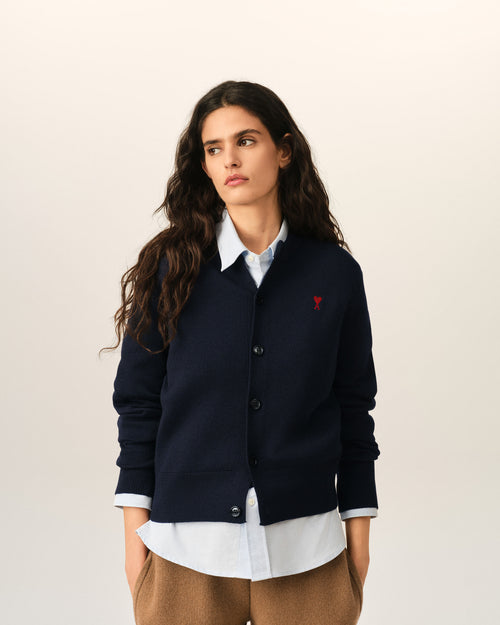 Blue crewneck wool cardigan with Ami de Coeur - Woman - 2 - AMI Paris - Ami Paris