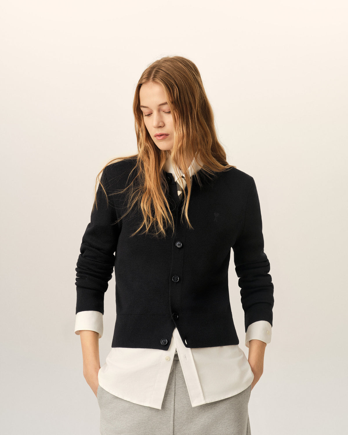 Black crewneck wool cardigan with Ami de Coeur - 2