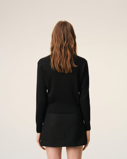 Black wool crewneck cardigan with contrasted Ami De Coeur - Woman - 5 - AMI Paris - Ami Paris