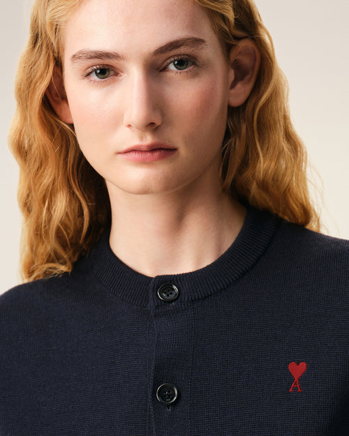 Blue wool crewneck cardigan with contrasted Ami De Coeur - 3 - Ami Paris