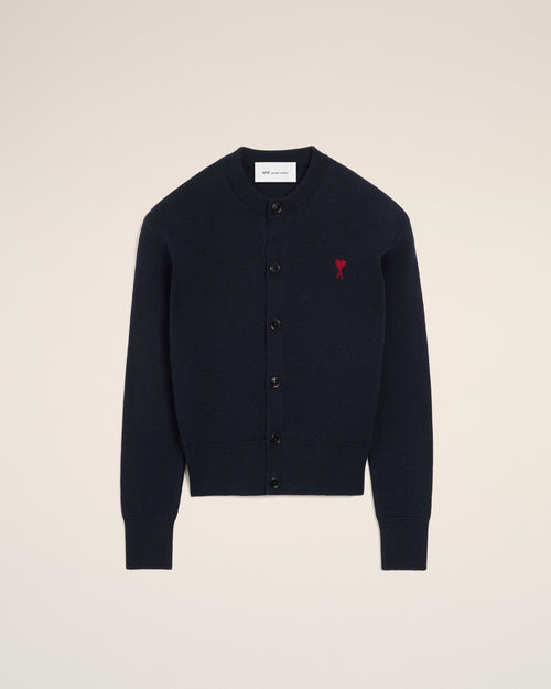 Blue crewneck wool cardigan with Ami de Coeur - Woman - 1 - AMI Paris - Ami Paris