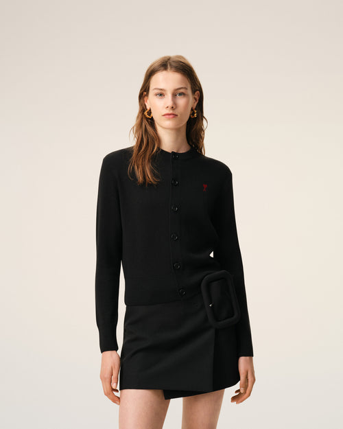 Black wool crewneck cardigan with contrasted Ami De Coeur - Woman - 3 - AMI Paris - Ami Paris