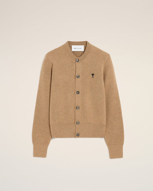 Beige crewneck wool cardigan with Ami de Coeur - CAMEL CHINE/BLACK - Ami Paris