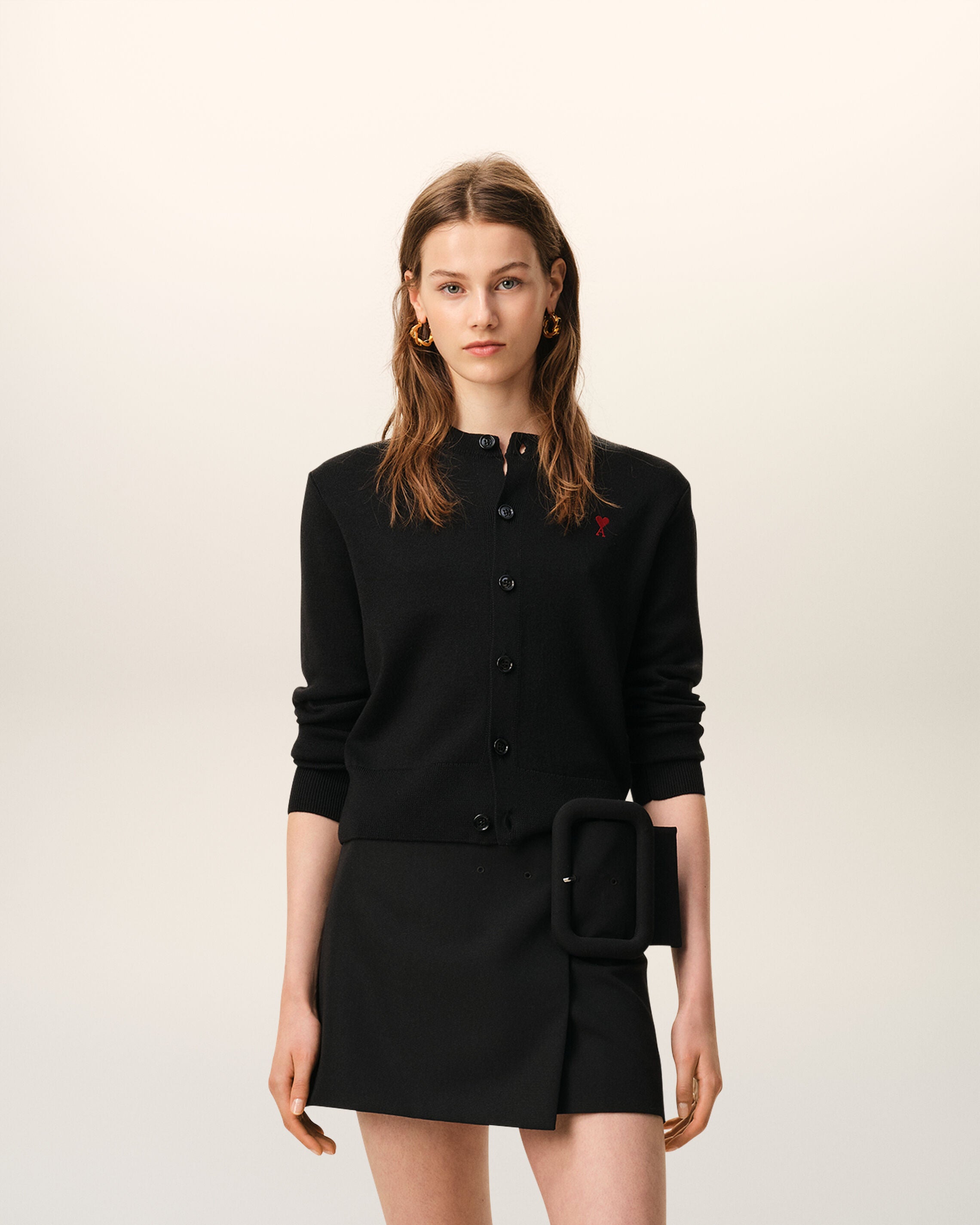 Cardigan col rond avec Ami De Coeur contraste noir en laine - 2