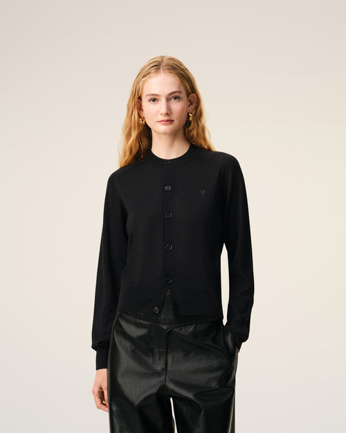 Black Wool Crewneck Ami De Coeur Cardigan - 3 - Ami Paris