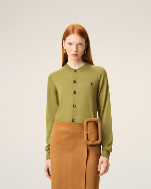 Green Wool Crewneck Ami De Coeur Cardigan - 3 - Ami Paris