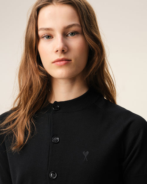 Black Wool Short Sleeves Ami De Coeur Cardigan - 4 - Ami Paris