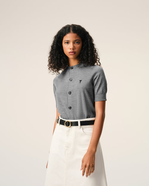 Cárdigan de manga corta Ami de Cœur de lana gris - 3 - Ami Paris