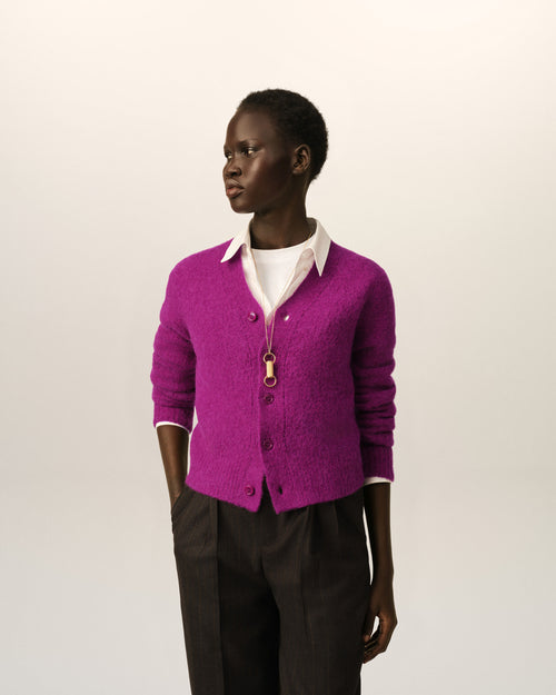Purple wool and alpaca cardigan with Ami embroidery - Woman - 2 - AMI Paris - Ami Paris