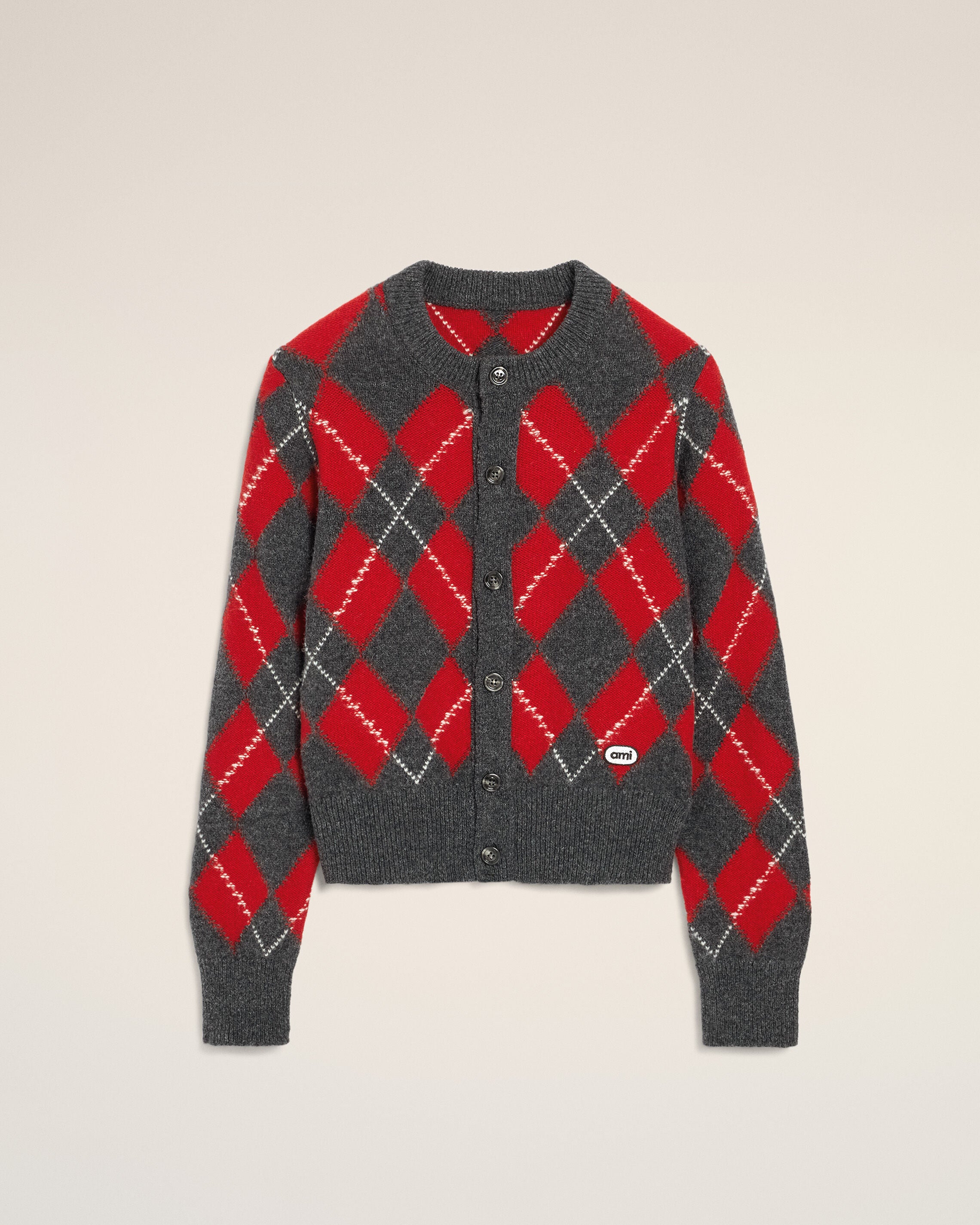 Grey wool cardigan in red argyle - 1