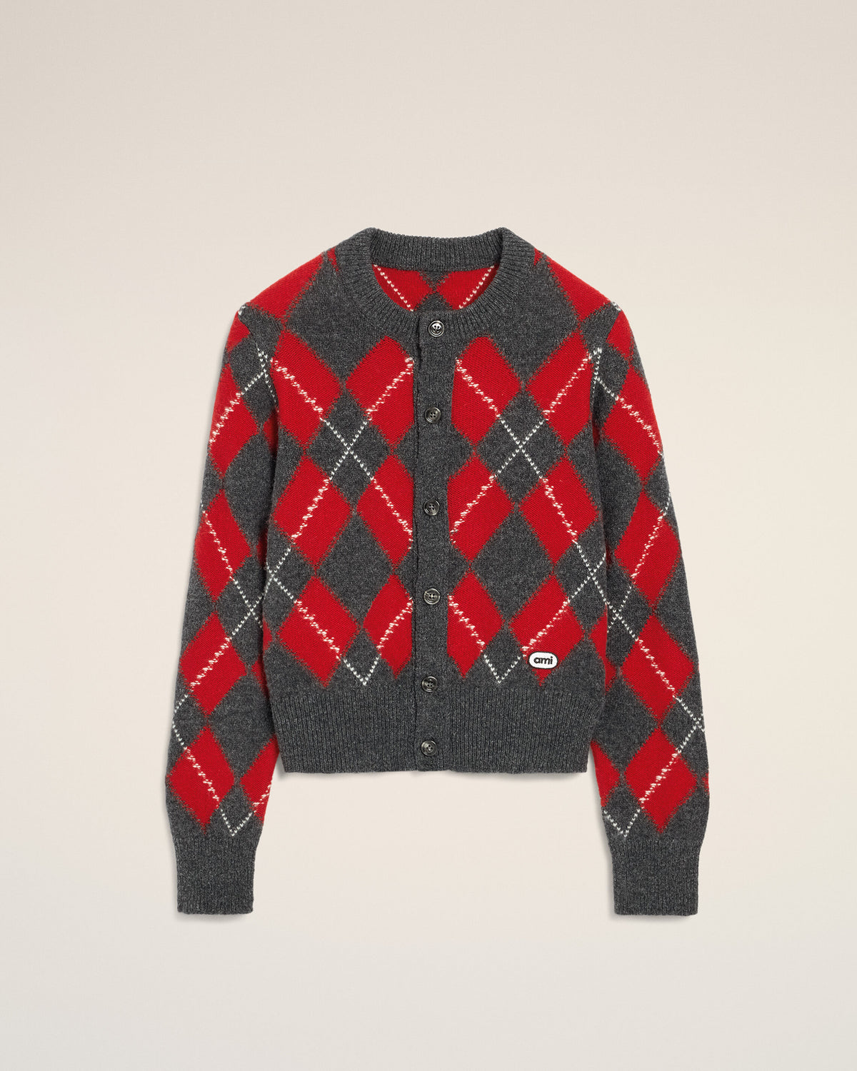 Grey wool cardigan in red argyle - 1