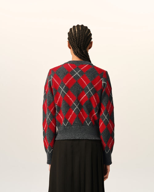 Grey wool cardigan in red argyle - Woman - 5 - AMI Paris - Ami Paris