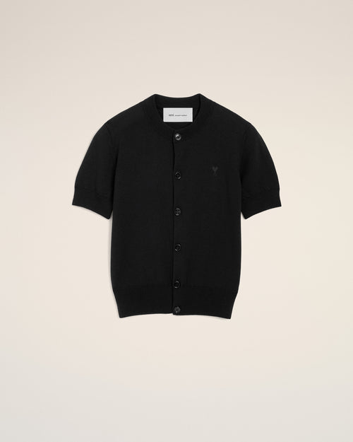Black wool short-sleeve cardigan with Ami de Coeur - BLACK/BLACK - Ami Paris
