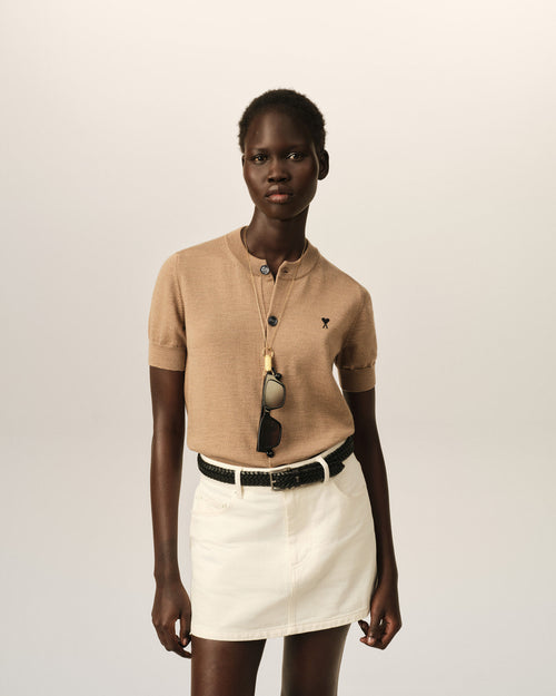 Brown wool short-sleeve cardigan with Ami de Coeur - Woman - 2 - AMI Paris - Ami Paris