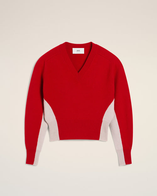 Pull Rouge Bicolore Col V En Laine - COQUELICOT/MASTIC - Ami Paris