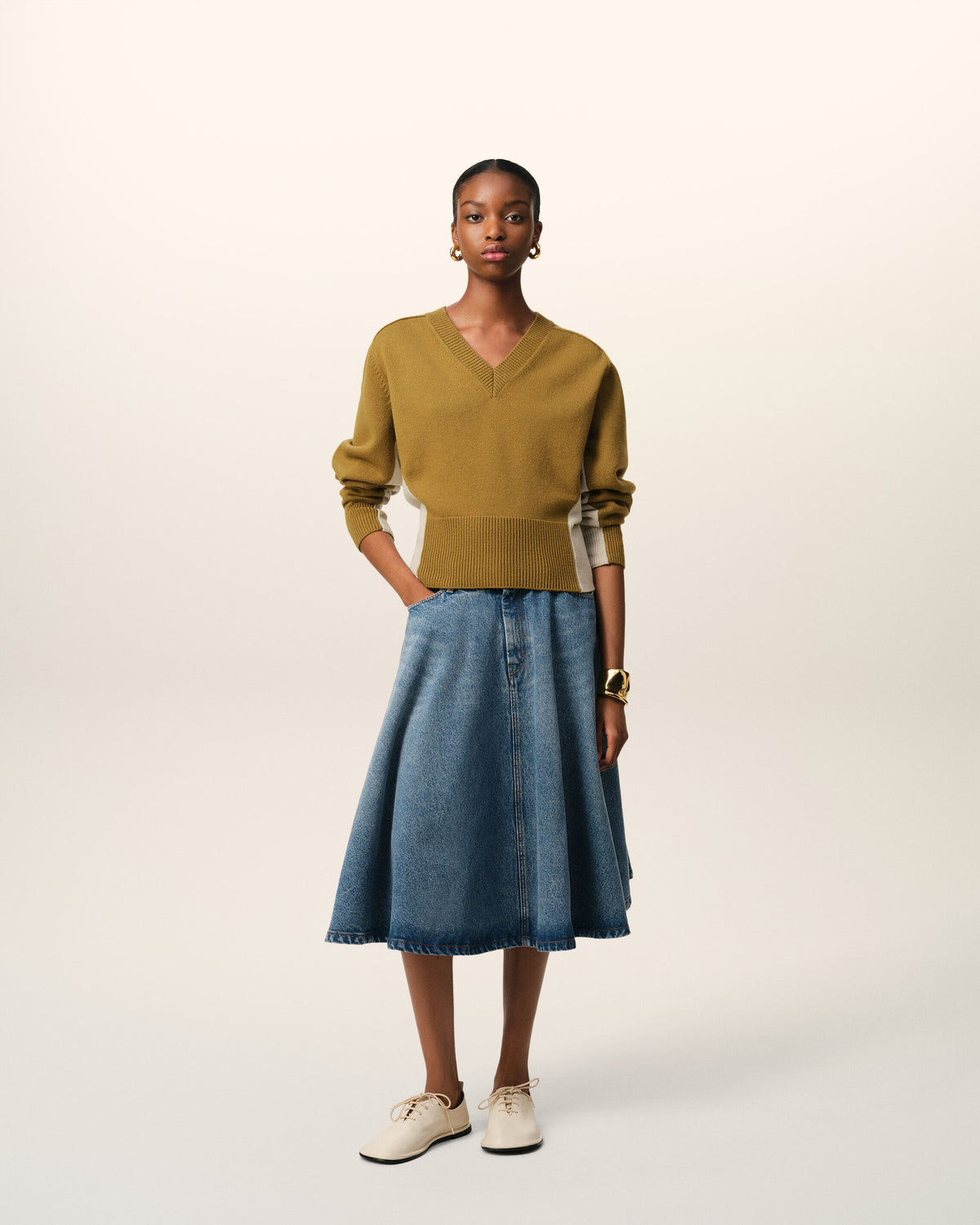 Pull Kaki Bicolore Col V En Laine - 2