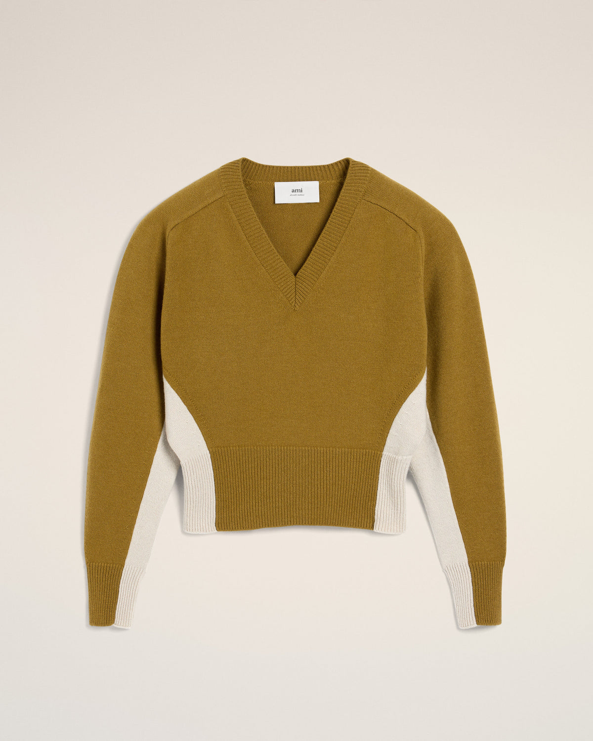 Pull Kaki Bicolore Col V En Laine - 1