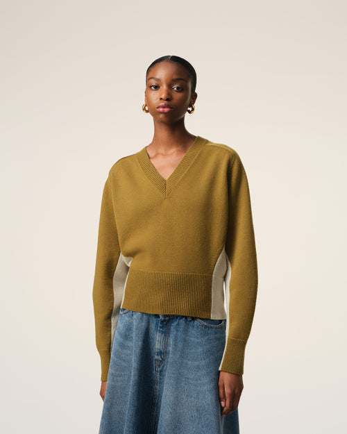 Pull Kaki Bicolore Col V En Laine - Femme - 3 - AMI Paris - Ami Paris