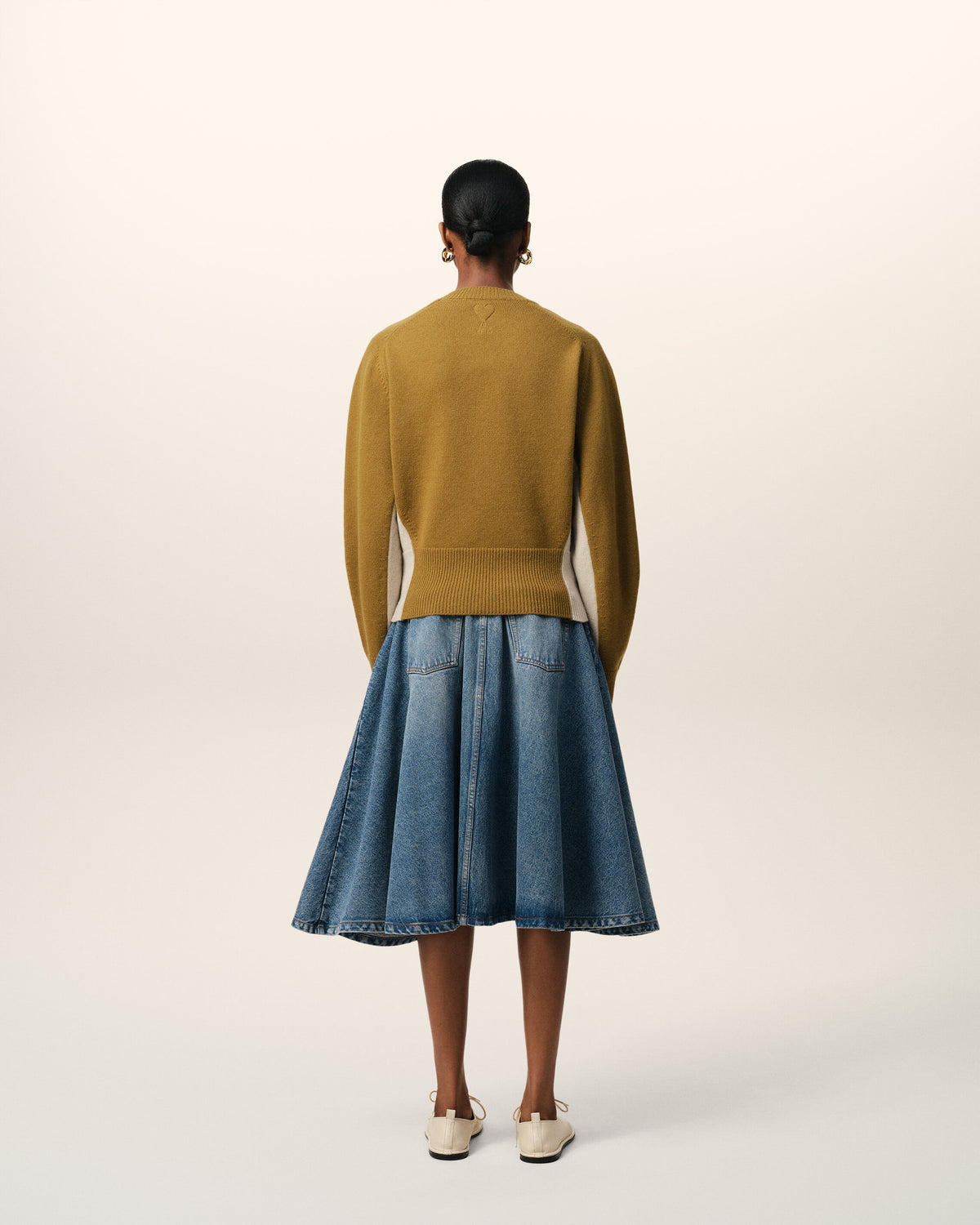 Pull Kaki Bicolore Col V En Laine - 5