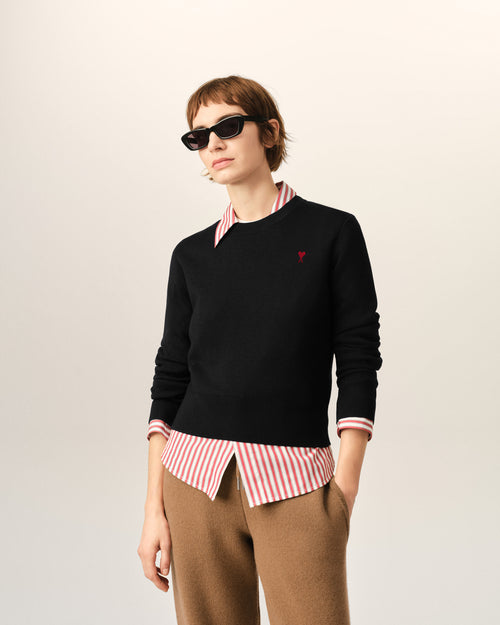 Black Crewneck wool Sweater With Ami De Coeur - Woman - 2 - AMI Paris - Ami Paris