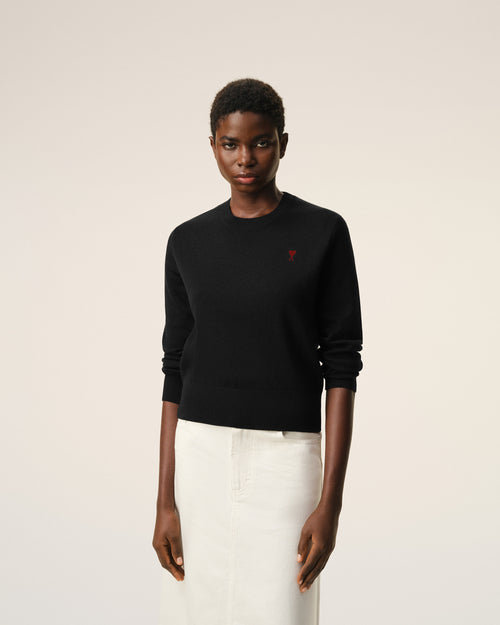 Black Wool Crewneck Sweater With Contrasted Ami De Coeur - Woman - 3 - AMI Paris - Ami Paris