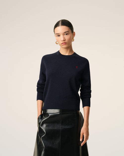 Pull col rond avec Ami De Coeur contraste bleu en laine - 3 - Ami Paris