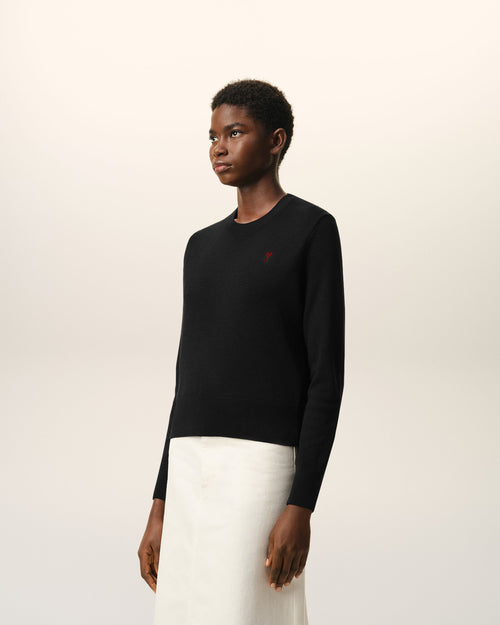 Black Wool Crewneck Sweater With Contrasted Ami De Coeur - 6 - Ami Paris