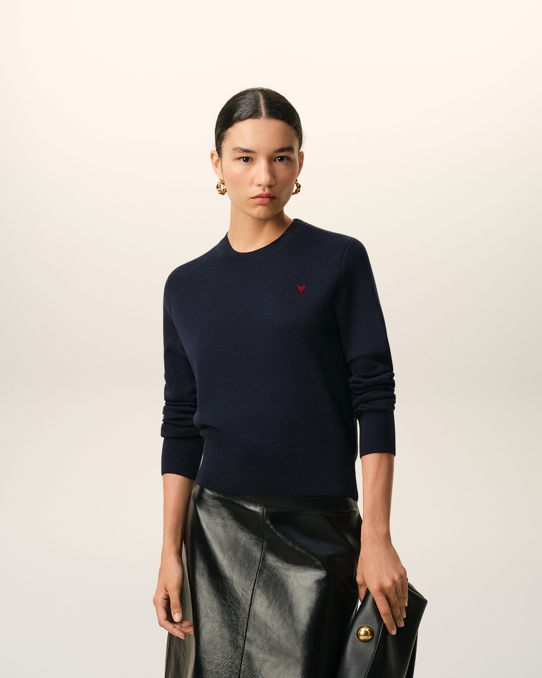 Blue wool crewneck sweater with contrasted Ami De Coeur - 2