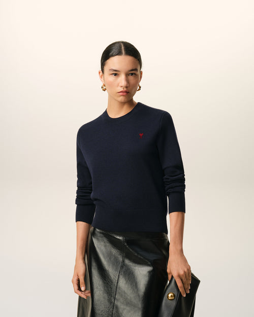 Blue wool crewneck sweater with contrasted Ami De Coeur - Woman - 2 - AMI Paris - Ami Paris