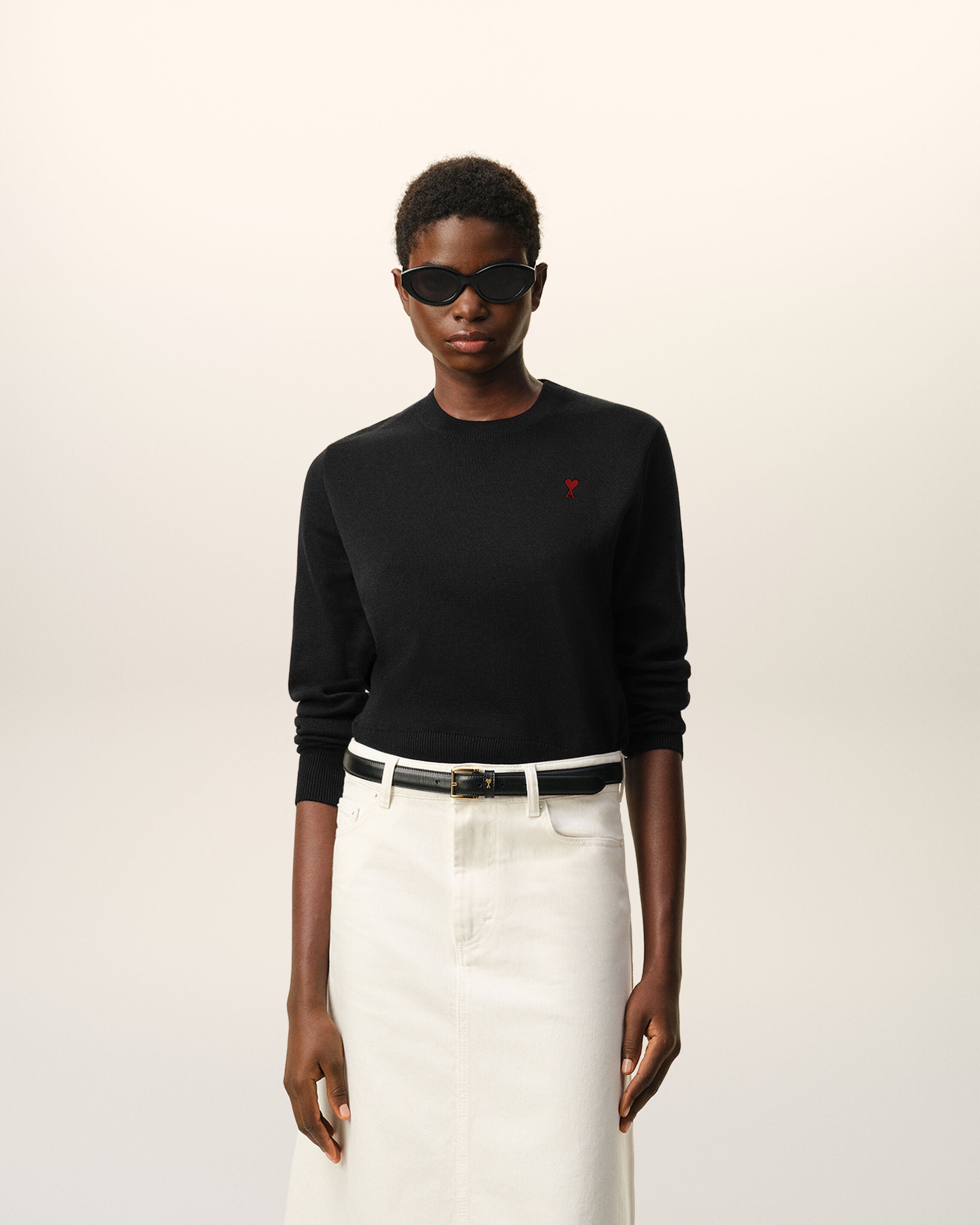 Black Wool Crewneck Sweater With Contrasted Ami De Coeur - 2