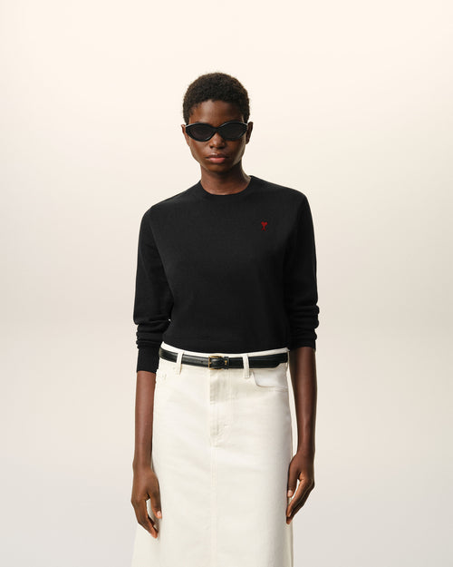Black Wool Crewneck Sweater With Contrasted Ami De Coeur - Woman - 2 - AMI Paris - Ami Paris