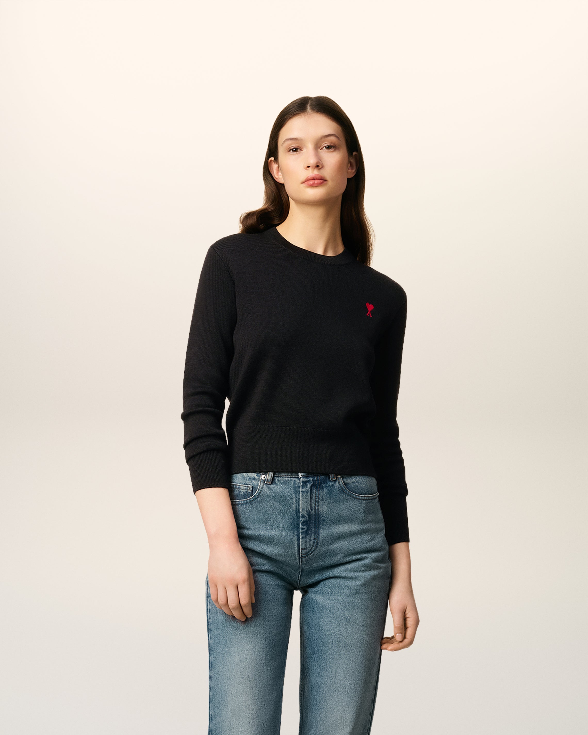 ブラック ウール Ami De Coeur クルーネック セーター ブラック/レッド